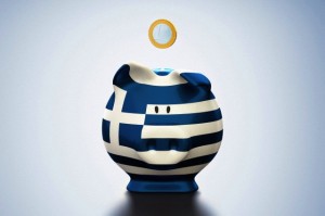 Euro coin above Greek flag piggy bank