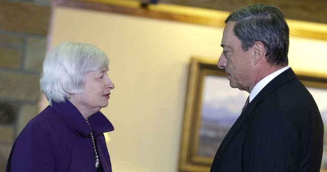 Federal Reserve Chair Janet Yellen, left, and European Central Bank President Mario Draghi speak during the Jackson Hole Economic Policy Symposium at the Jackson Lake Lodge in Grand Teton National Park near Jackson, Wyo. Friday, Aug. 22, 2014. (AP Photo/John Locher)/WYJL110/401720219236/1408222128