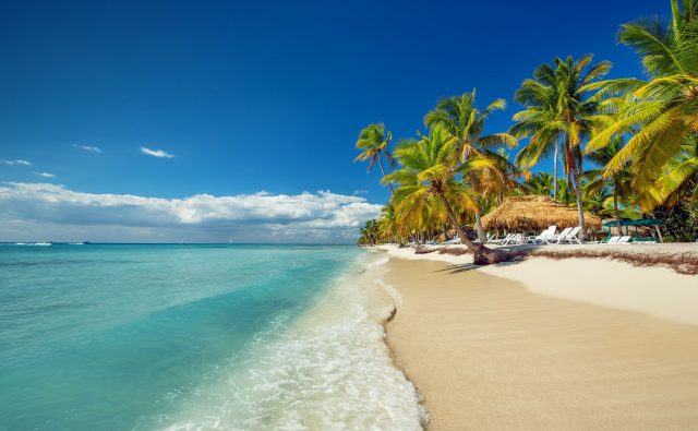 Landscape of paradise tropical island beach with perfect sunny sky