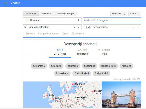 Google Flights și Destinations sunt disponibile şi în variante adaptate pentru  România
