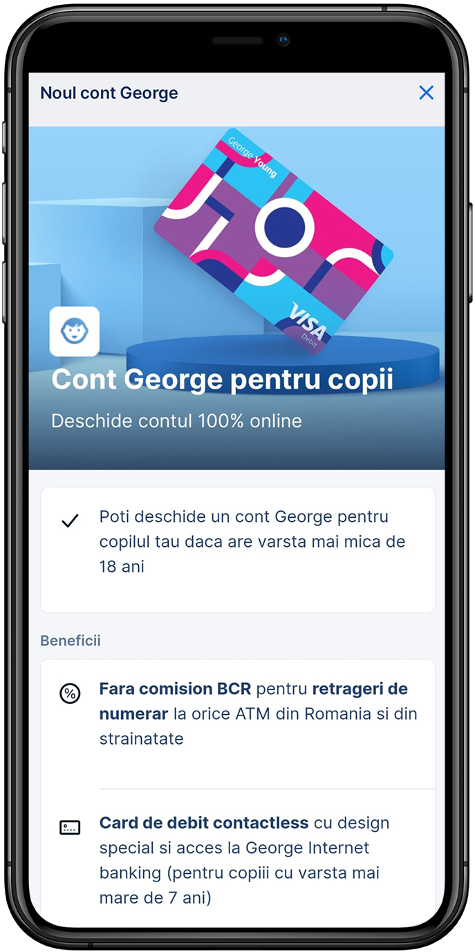 BCR lansează George Junior: orice copil poate avea gratuit de la 7 ani propriul cont bancar, acces la digital banking și card pe numele său. Și, în plus, acces la educație financiară. Totul, 100% online. BCR lansează George Junior: orice copil poate avea gratuit de la 7 ani propriul cont bancar, acces la digital banking și card pe numele său. Și, în plus, acces la educație financiară. Totul, 100% online.
