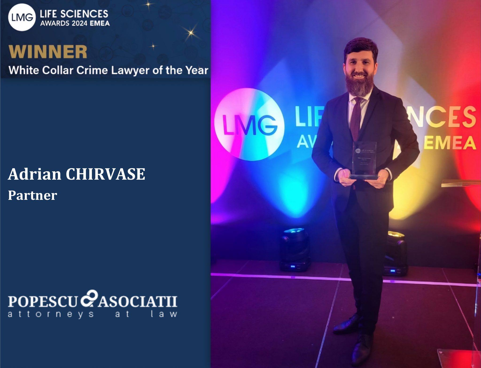 Adrian CHIRVASE, Partner în cadrul POPESCU & ASOCIATII, a fost desemnat Avocatul Anului în White Collar Crime Adrian CHIRVASE, Partner în cadrul POPESCU & ASOCIATII, a fost desemnat Avocatul Anului în White Collar Crime