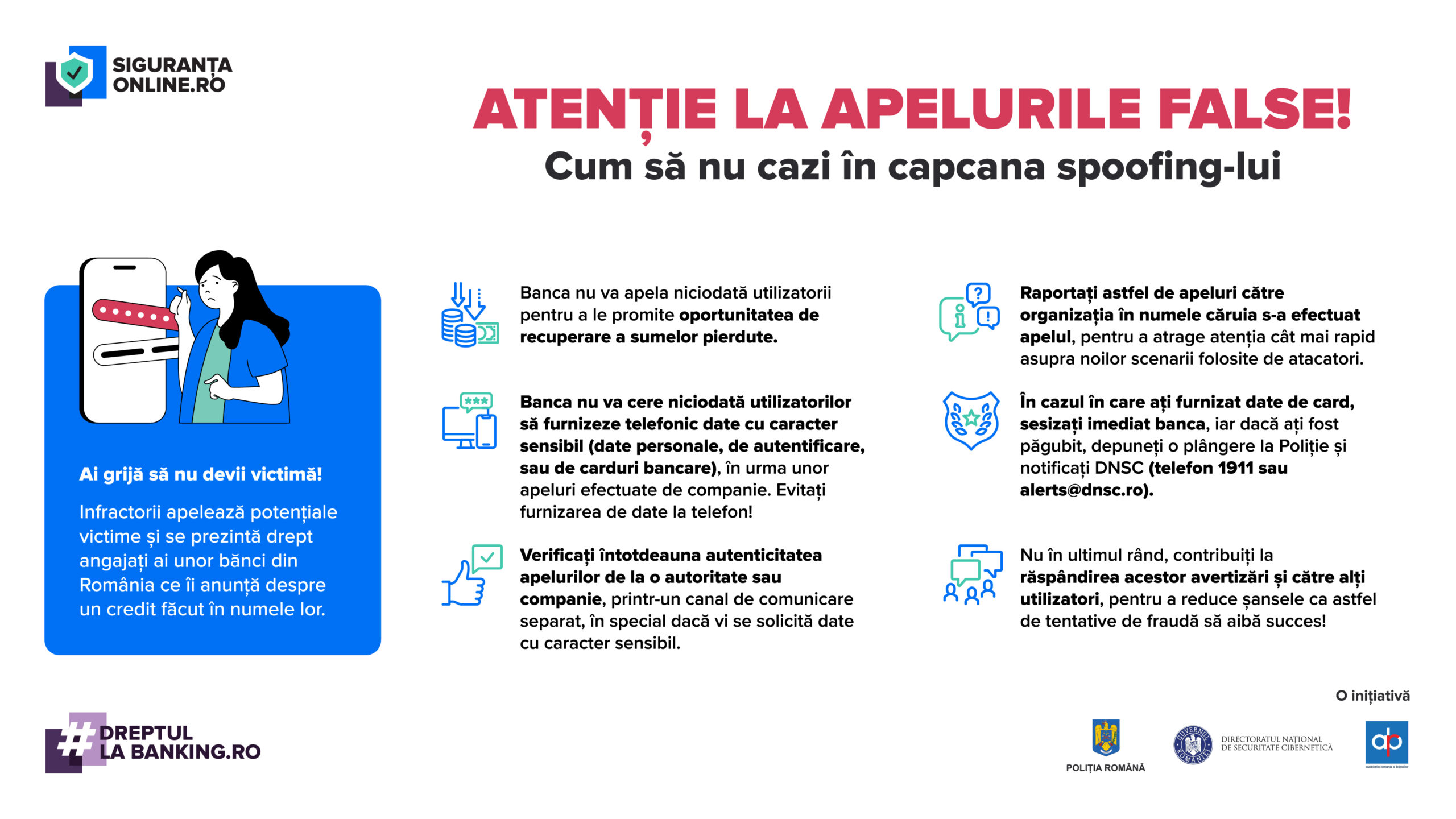 Poliția Română, Directoratul Național de Securitate Cibernetică și Asociația Română a Băncilor avertizează asupra riscului de fraudă prin apeluri telefonice false (spoofed)