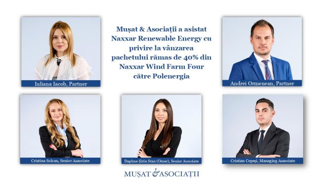Mușat & Asociații a asistat Naxxar Renewable Energy cu privire la vânzarea pachetului rămas de 40% din Naxxar Wind Farm Four către grupul polonez Polenergia Mușat & Asociații a asistat Naxxar Renewable Energy cu privire la vânzarea pachetului rămas de 40% din Naxxar Wind Farm Four către grupul polonez Polenergia