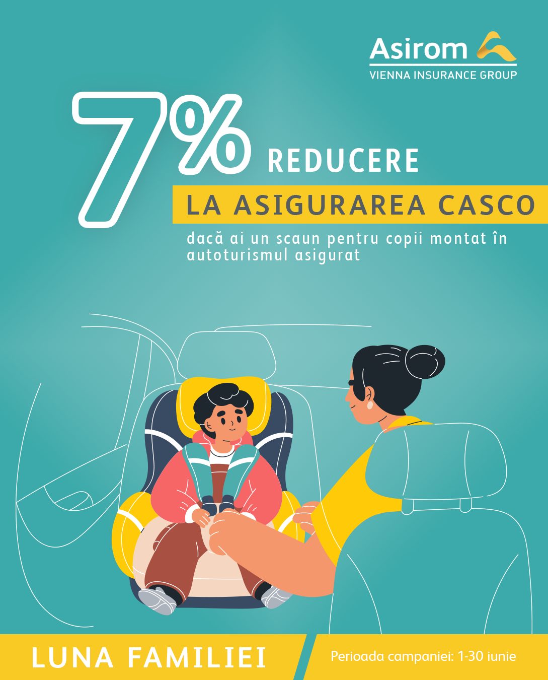 „Luna Familiei” la Asirom: 7% reducere la CASCO pentru părinții care folosesc scaun auto pentru copil