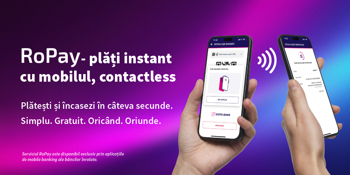 Vista Bank lansează în premieră națională plățile instant RoPay Contactless între persoane fizice