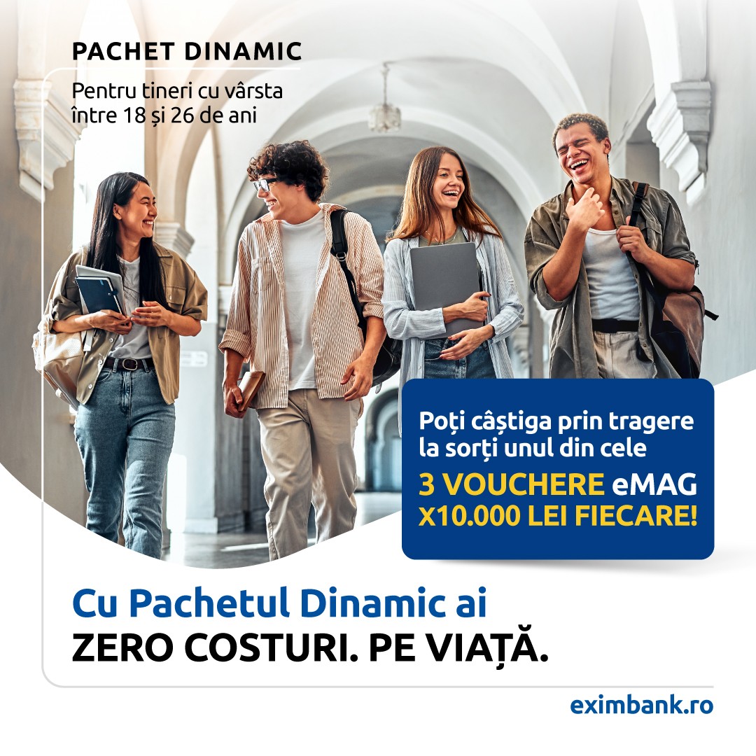 Exim Banca Românească lansează Pachetul Dinamic pentru studenți, cu ZERO COMISIOANE PE VIAȚĂ și tombolă cu premii