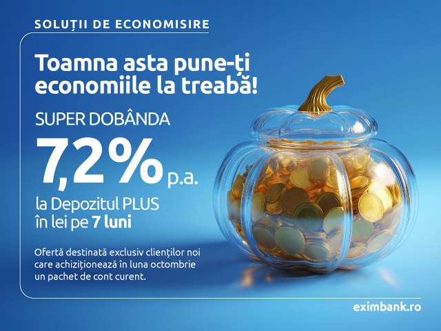 Exim Banca Românească majorează dobânzile la depozitele în lei până la 7,20%