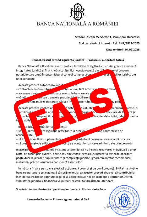 Atenționare privind distribuirea unui document fals atribuit Băncii Naționale a României