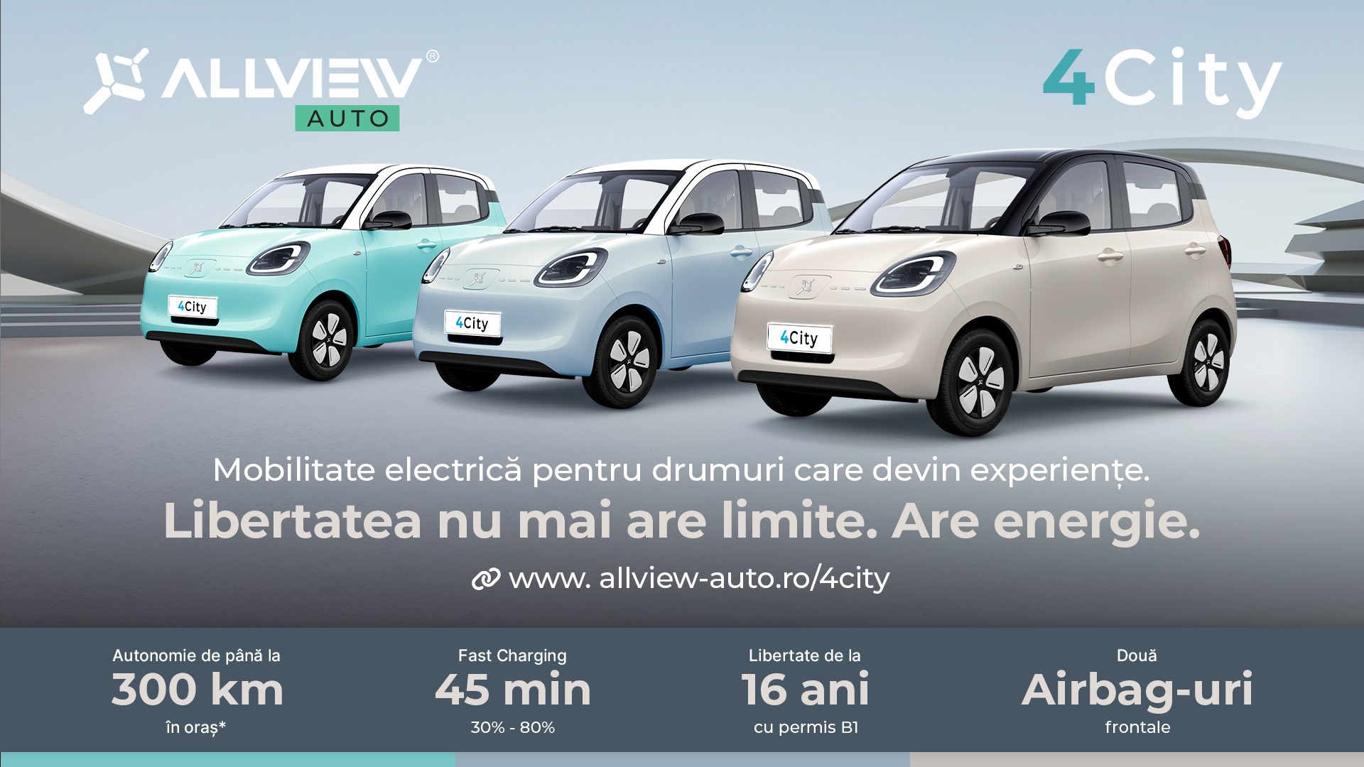 Allview Auto lansează 4City: prima mașină electrică urbană cu autonomie de până la 300 km și 5 uși, care poate fi condusă de la 16 ani