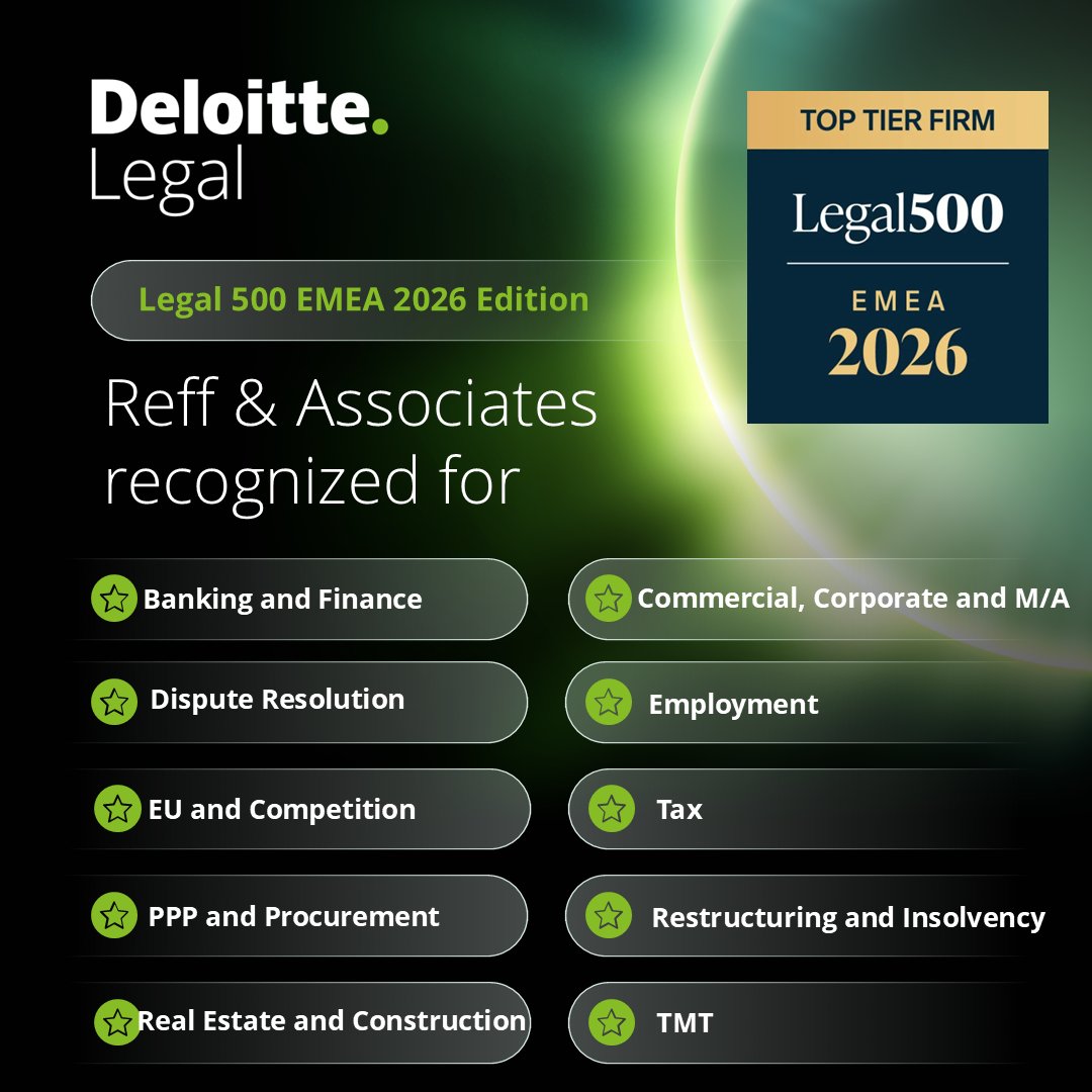 Reff & Asociații | Deloitte Legal, recunoscută ca societate de avocați de top de către Legal 500 2026. Zece arii de practică sunt recomandate în prestigiosul clasament internațional