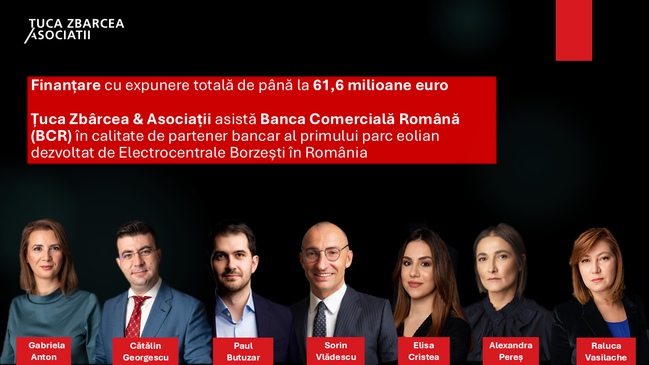 Finanțare cu expunere totală de până la 61,6 milioane euro: Țuca Zbârcea & Asociații asistă Banca Comercială Română (BCR) în calitate de partener bancar al primului parc eolian dezvoltat de Electrocentrale Borzești în România Finanțare cu expunere totală de până la 61,6 milioane euro: Țuca Zbârcea & Asociații asistă Banca Comercială Română (BCR) în calitate de partener bancar al primului parc eolian dezvoltat de Electrocentrale Borzești în România